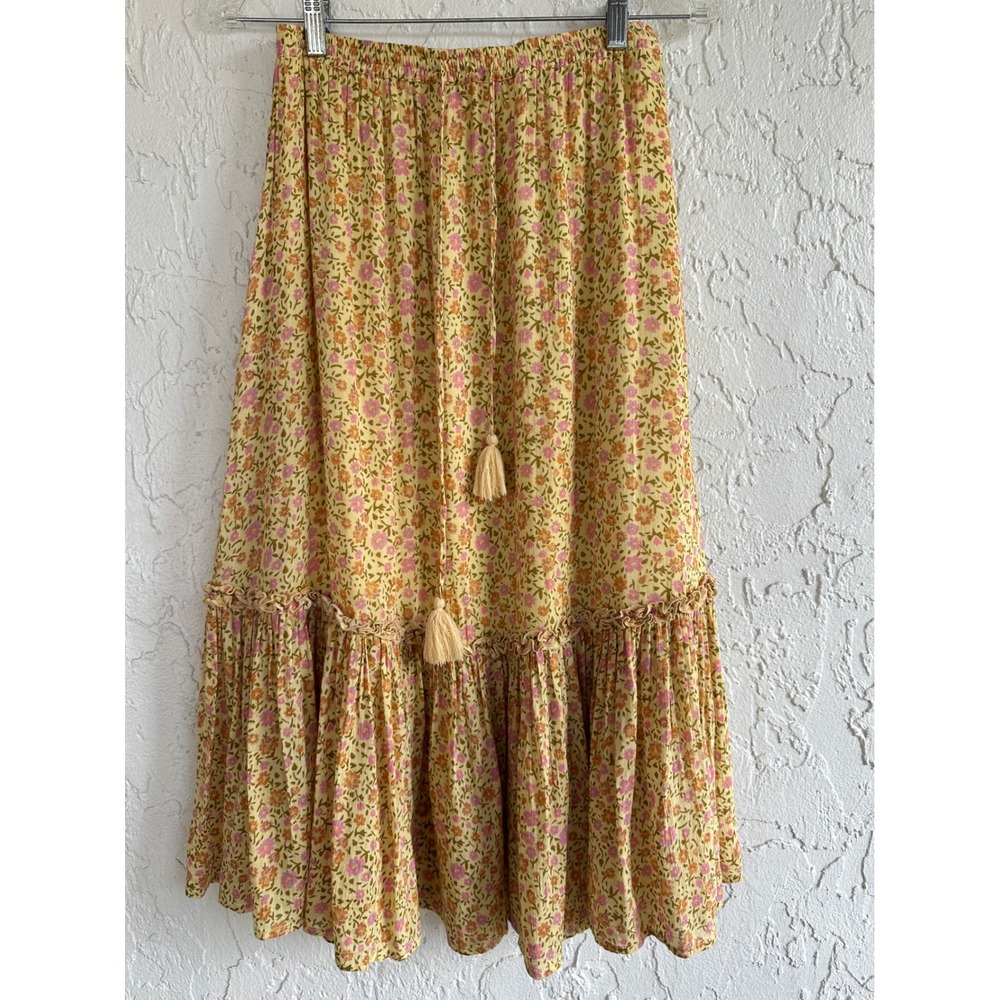 Spell & The Gypsy Rae Floral Tiered Midi Skirt Women Small Tassel Boho Cottage